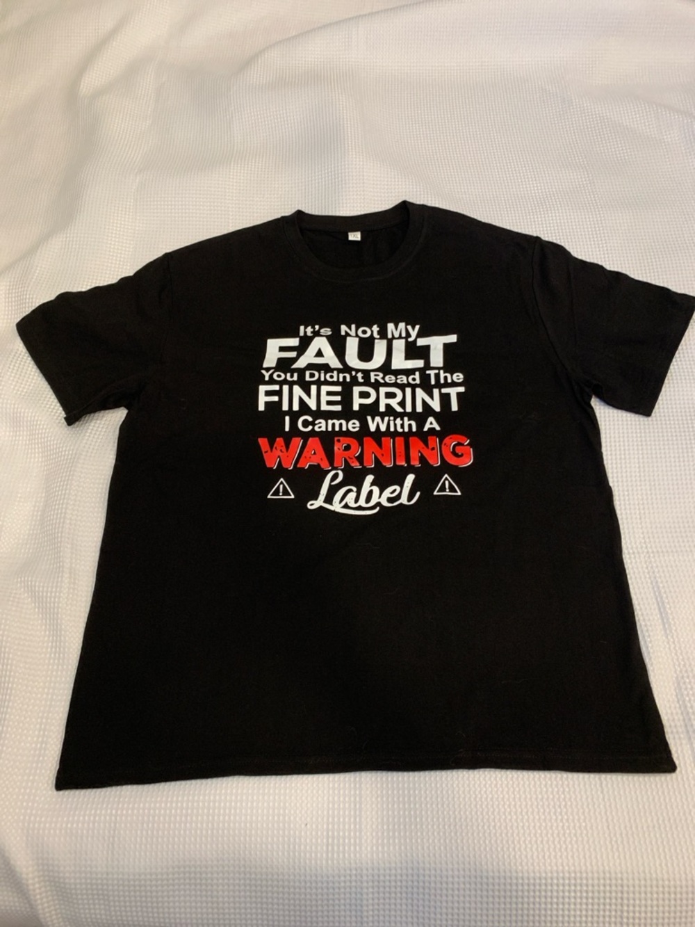 Black Graphic Tee with 'Warning Label' Text - Men's Shirt